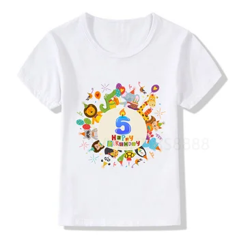 1-9 Детская вечеринка с мультяшными животными, День рождения, номер, имя, футболка с принтом, Детские футболки с животными на день рождения, Забавная подарочная футболка для мальчиков и девочек