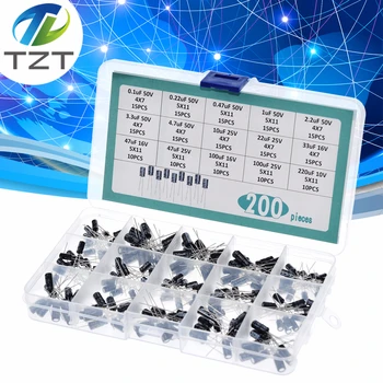 200 шт./лот, набор радиальных конденсаторов 15 значений, 10 В, 16 В, 25 В, 50 В, 0,1 мкФ-220 мкФ, Ассортимент электролитических конденсаторов, комплект 0,22 мкФ, 2,2 мкФ, 100 мкФ