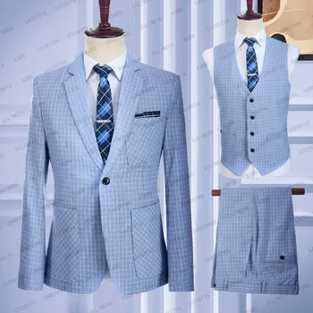 2023 Модные мужские облегающие деловые льняные костюмы сине-белого цвета в классическую клетку, свадебное платье для жениха, комплект из 3 предметов (куртка + жилет + брюки)