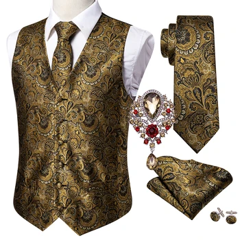 5 шт., дизайнерский мужской свадебный костюм, жилет, золотой жаккардовый шелковый жилет, броши для галстука, жилет, набор Barry.Жених Ван