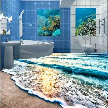 beibehang Современная 3D напольная роспись, пляж, синяя рябь морской воды, нескользящий водонепроницаемый утолщенный самоклеящийся пол из ПВХ