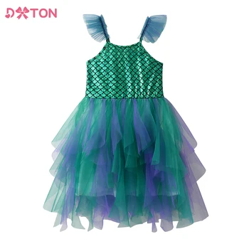 DXTON/летнее праздничное платье Принцессы для девочек, Детские платья-пачки с принтом Русалки, Детские платья-слинги с расклешенными рукавами, детская одежда
