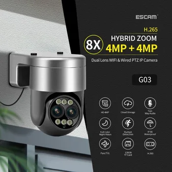 ESCAM G03 Купольная камера с бинокулярным объективом, Двойное ночное видение, Беспроводной wifi, двусторонняя голосовая сигнализация слежения за гуманоидом, Водонепроницаемая камера