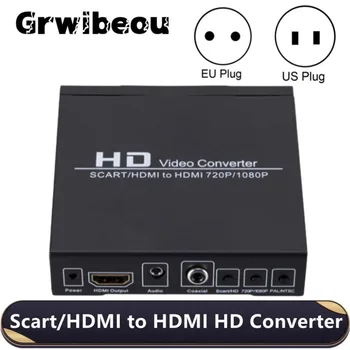Grwibeou 1080P SCART HDMI-совместимый Цифровой преобразователь Видео высокой Четкости, Конвертер ЕС/США, Адаптер питания для HDTV