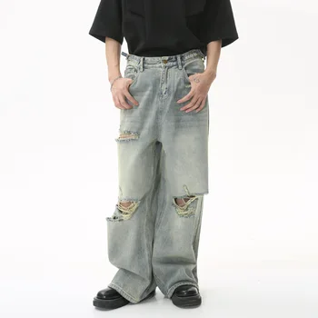MTLCLOTHES 2023, новые летние джинсы свободного кроя в стиле хип-хоп в американском стиле, длиной до пола, с потертыми дырками для мужчин