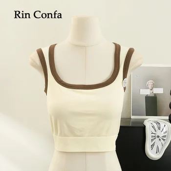 Rin Confa/ Женские укороченные топы без рукавов контрастного цвета, Шикарный Широкий плечевой ремень с накладкой на грудь, топ Y2K, Короткий спортивный топ для фитнеса