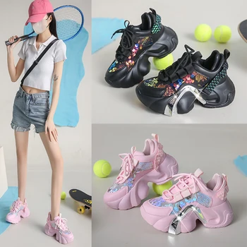 Sorphio/ новинка 2023, Женские кроссовки на высоком каблуке, металлические украшения на шнуровке, блестки, летняя модная спортивная обувь для девочек