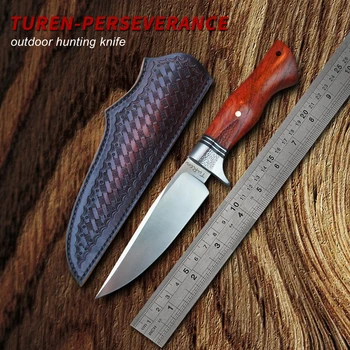 TUREN-Охотничий Нож Ручной Работы Из Стали 440C с Фиксированным Лезвием, Нож в Кожаных Ножнах, Деревянная Ручка, Инструменты Для Выживания на Открытом Воздухе, Кемпинг