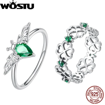 WOSTU, серебро 925 пробы, кольцо на палец с зеленым цирконием, Пчелка, Изумрудное кольцо, Четырехлистный клевер, оригинальные ювелирные украшения для женщин