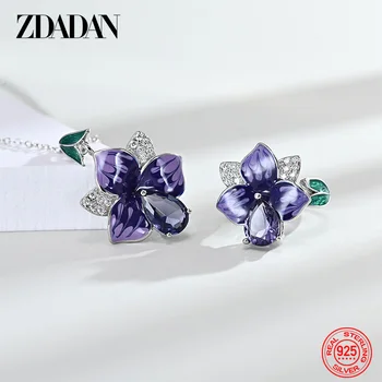 ZDADAN, кольцо-ожерелье из стерлингового серебра 925 пробы с фиолетовым цветком и кристаллами, набор для женщин, модные свадебные украшения