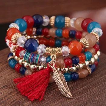 Богемные браслеты DIEZI с разноцветными хрустальными листьями для женщин, Этнические эластичные веревки, бусины с кисточками, браслет-обертка pulseira feminina