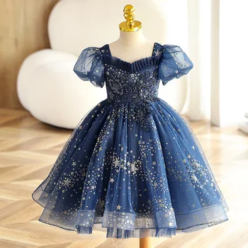 Голубые платья с блестками для девочек, Детское Бальное платье Принцессы, Вечеринка по случаю Дня рождения, Рождественское платье из Тюля, Бутик одежды для младенцев