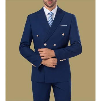 Двубортные мужские темно-синие костюмы Высокого качества, сшитые на заказ, мужские костюмы для вечеринок, 2 предмета, приталенные костюмы, куртка, брюки