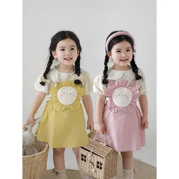Детское летнее платье для девочек 2023, Корейская версия, Юбка на подтяжках, Одежда для девочек, Хлопковая Повседневная одежда для детей от 4 до 6 лет