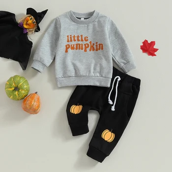Для маленьких мальчиков на Хэллоуин, 2 шт., хлопковая одежда, толстовка с длинным рукавом и надписью + штаны в виде тыквы, комплект одежды для малышей