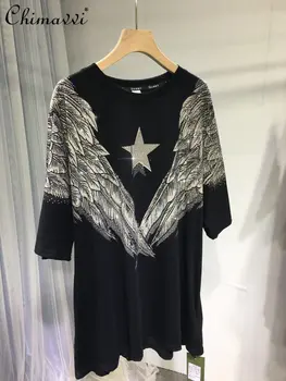 Европейская женская летняя футболка с вышивкой 2023, Женская элегантная модная Черная футболка с большими крыльями, Свободные топы с круглым вырезом