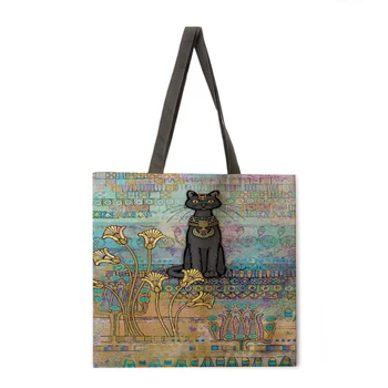 Женская пляжная сумка, складная сумка через плечо, хозяйственная сумка, простая сумка с принтом кота, льняная сумка для отдыха, многоразовая