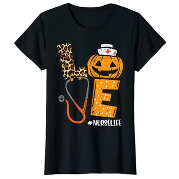 Женская футболка Love Nurse Life с тыквой и леопардом, женская футболка с изображением медсестер на Хэллоуин, женские футболки