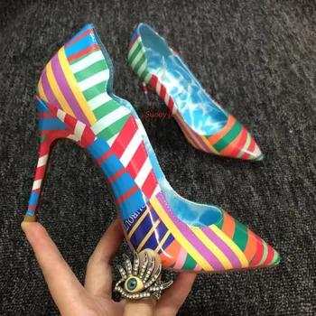 Женские роскошные брендовые туфли-лодочки на высоком каблуке с красной подошвой, цвет Граффити, вечерние пикантные женские свадебные туфли на шпильке с острым носком