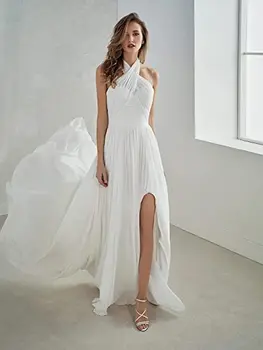 Женское Пляжное Длинное Шифоновое Свадебное платье с разрезом Трапециевидной формы и низкой спинкой на бретелях