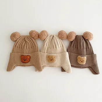 Зимняя шапка с милым медведем для мальчиков, теплая вязаная шапочка с ушками, Шапки для маленьких девочек, Шапки с двойным помпоном, Детские шапки, аксессуары для малышей, подарки