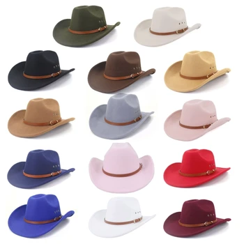 Ковбойская шляпа из шерстяного фетра в западном стиле, Женская Мужская Фетровая шляпа с широкими полями, уличная фетровая шляпа с пряжкой, однотонная дорожная Ковбойская шляпа