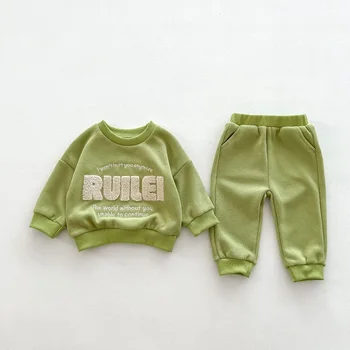 Комплект одежды для новорожденных мальчиков 0-3 лет, Пуловер с длинными рукавами и круглым вырезом, толстовка с надписью + брюки, верхняя одежда из 2 предметов, осенний спортивный костюм