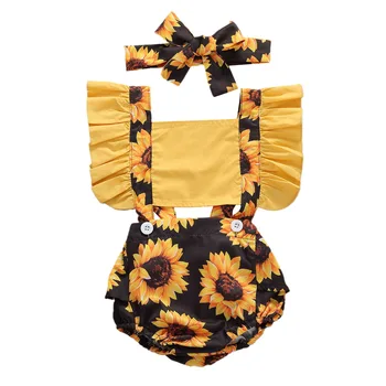 Летняя новая модная летняя одежда для новорожденных девочек, комбинезон с подсолнухом, комбинезон с рюшами, повязка на голову, наряды 0-24 м