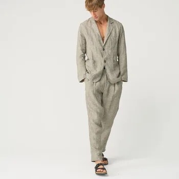 Льняной пиджак на пуговицах для мужчин 2023, Мужской летний блейзер с карманами, Повседневный костюм из 2 предметов для мужчин