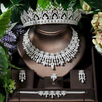 Модные женские комплекты ювелирных изделий из 5 шт., очаровательная повязка на голову, корона, полное сверкающее ожерелье с фианитами, кольцо, браслет, серьги, наборы для женщин N-1637