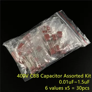 Набор конденсаторов CBB 400 В в ассортименте, сумка для образцов, 6 значений X 5 штук = 30 штук, 400 В / 103 В 473 В 104 В 334 В 105 В 155 В, конденсатор переменного тока без полярности