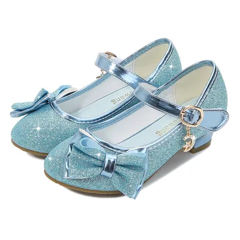 Обувь принцессы для девочек с узлом бабочки на высоком каблуке, блестящие вечерние туфли с цветочным узором для девочек, нескользящая носимая Детская кожаная обувь, тонкие туфли со стразами