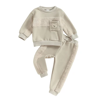 Осенняя одежда для малышей из 2 предметов, толстовка с вышивкой медведя и комплект штанов, теплая одежда для младенцев