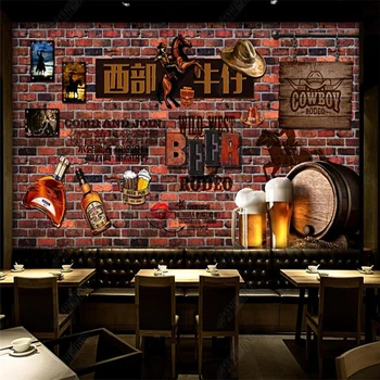 Ретро 3D Кирпичная стена, Ковбойские пивные обои в стиле Вестерн, Бар, Ресторан, Фон для украшения ресторана, Настенная живопись, обои