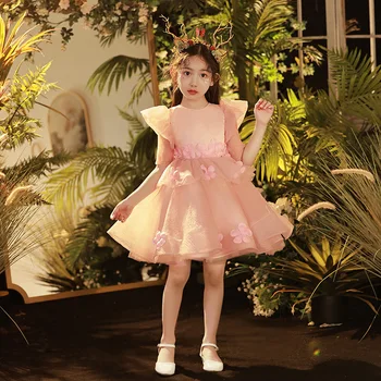 Розовое платье принцессы для девочек от 1 до 14 лет, детское платье с цветочным рисунком на День рождения, платье для свадебной вечеринки, детское платье для выступления на фортепиано, весеннее