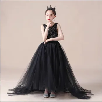 Роскошные платья с цветочным узором для девочек, черные кружевные пояса, расшитые бисером тюлевые детские платья, вечернее детское платье