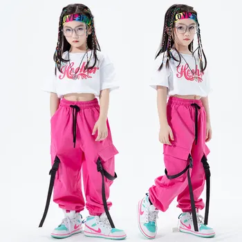 Укороченный топ для девочек в стиле хип-хоп, розовые брюки-карго, Детская толстовка, комплекты одежды для уличных танцев, детский джазовый милый наряд, Уличный костюм для девочек