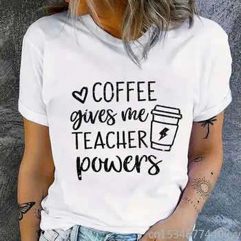 Футболка Coffee Gives Me Teacher Powers Футболка для учителя с коротким рукавом и круглым вырезом, Свободная женская футболка, Женская футболка, топы, майки